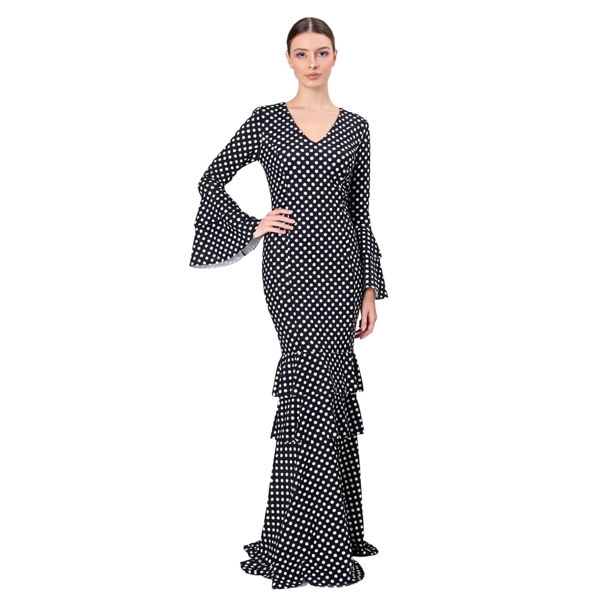 Vestido Flamenco Mujer Largo - Sevillana Adulto con Lunares y Mangas Acampanadas - Traje Andaluz Elegante para Feria y Baile