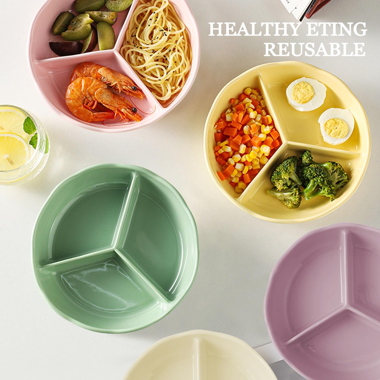 Lot de 3 assiettes divisées – Plateau de service réutilisable en céramique avec 3 compartiments, passe au micro-ondes et au lave-vaisselle, plateau de contrôle des portions de 20,3 cm, pour adultes
