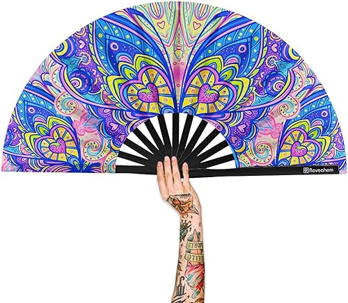 Miniatura 19 de Abanico Plegable Grande, Abanico Rave Clack de 13 Pulgadas, Abanico de Mano para Mujeres y Hombres con Tela de Satén Premium, Marco de Bambú Grueso