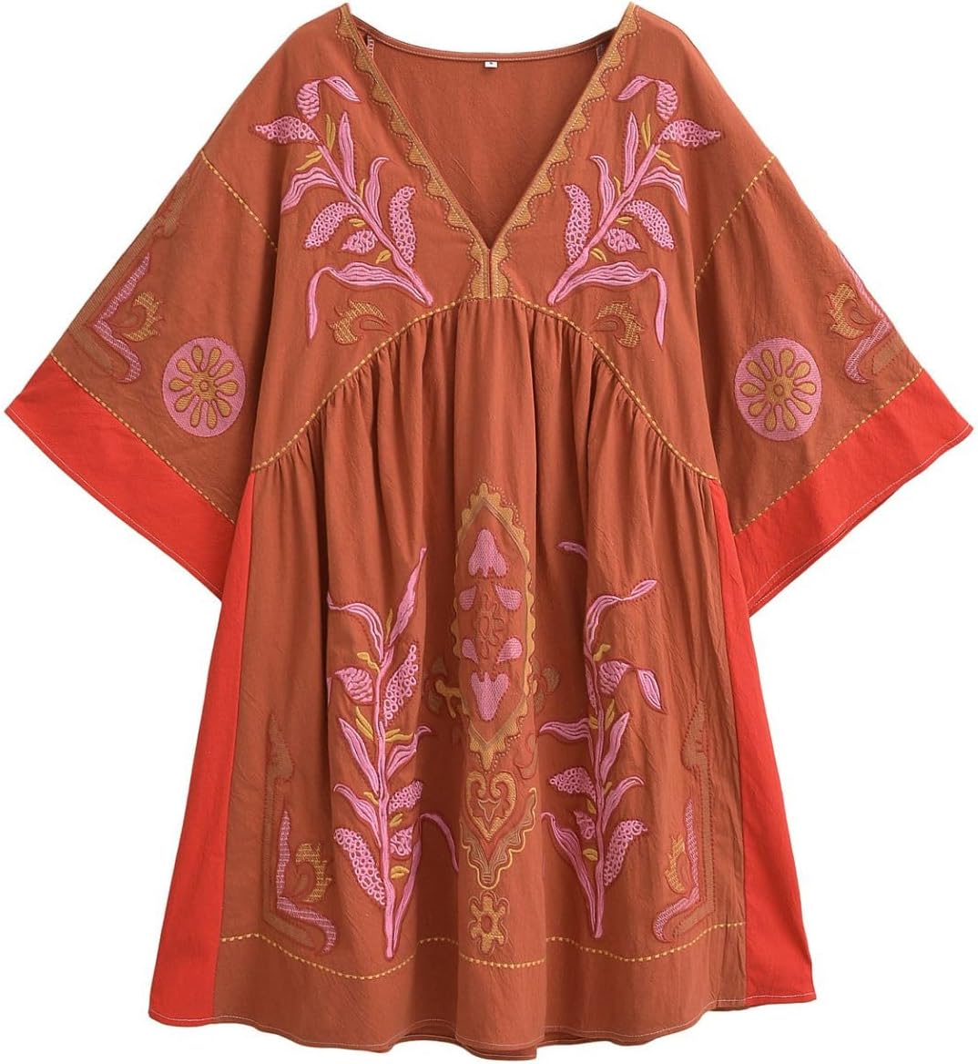 Joiemont Vestido Bordado de Gran Tamaño para Mujer con Cuello en V y Mangas 3/4 Vestido Babydoll con Bordado Vintage para Mujer