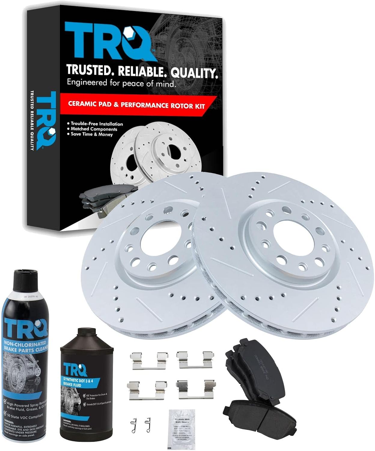 TRQ Front Performance Brake Pad & Rotor Kit Brake Chemical Kit Brake Pads Brake Rotors Set Ceramic Premium G-Coated Compatible with 2015-2017 Chrysler 200 2013-2016 Dodge Dart