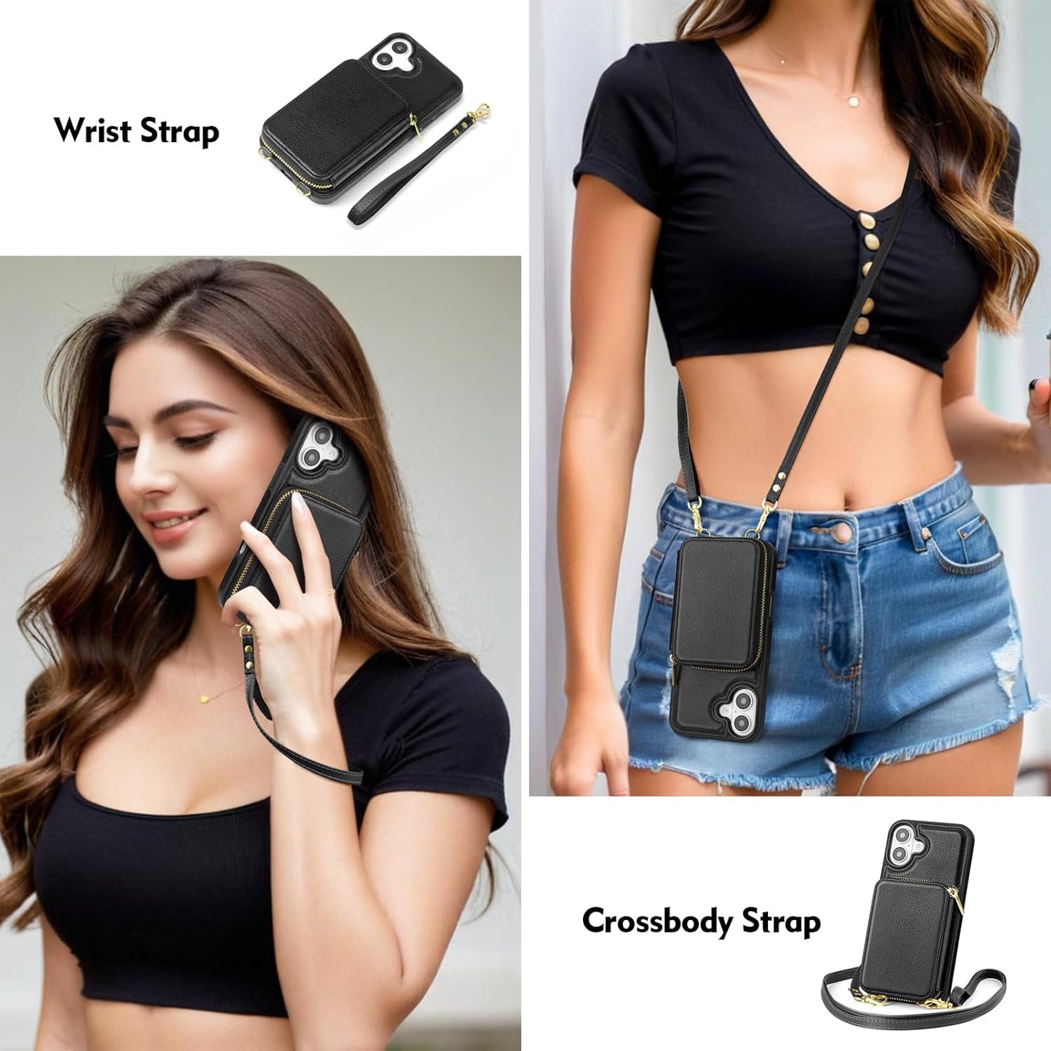 SkyEagle Compatible with iPhone 16 Wallet Case for Women【RFID Blocking】 Crossbody Phone Case PU Leather Zipper Handbag Wrist Strap Cover Credit Card Holder,for Apple 16 6.1",Black
