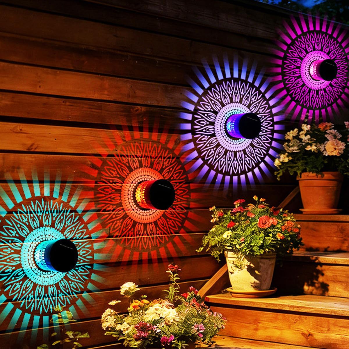 4pack Retro Solar Table Lantern Outdoor Waterproof Wall Light, 6 Color Changing Hollow Out Metal Garden Decor Step Lamp, Solar Powered Patio Porch Tabletop Decorations for Yard Pool Stairs