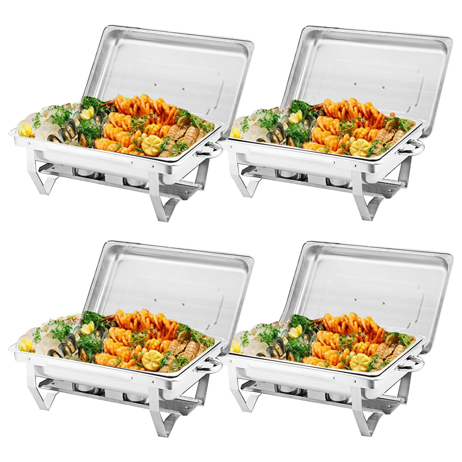 Paquete de 4 platos de acero inoxidable de 8 cuartos de galón, plegables, rectangulares, bandeja de alimentos, soporte de combustible y tapa, calentadores de alimentos para fiestas, banquetes,