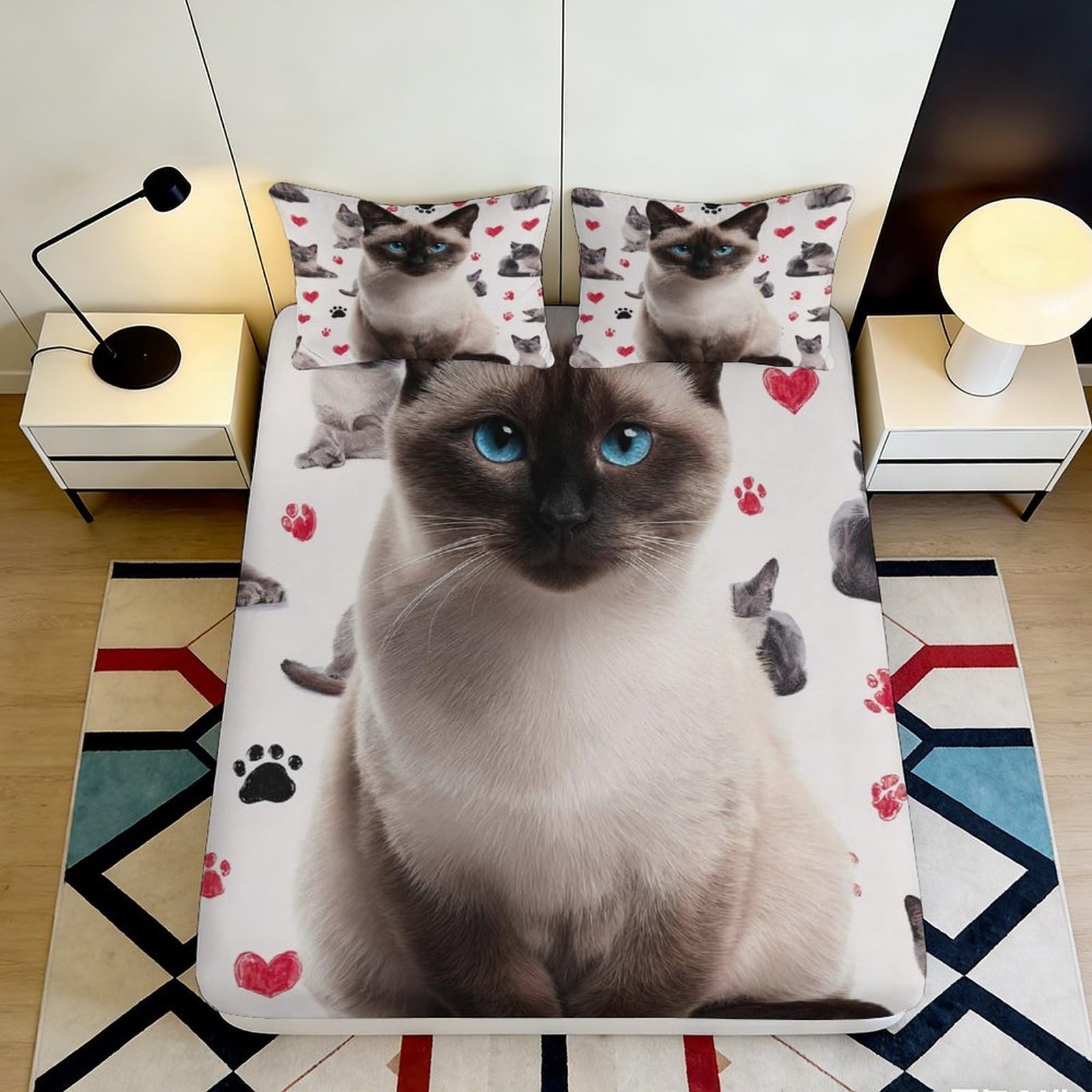3D Printed Siamese Cat Fitted Sheet Microfiber Soft Breathable Blue Eyes Bed Cover for Bedroom Dormitory Guest Room Mattress Protection Decoration 160x200x25cm