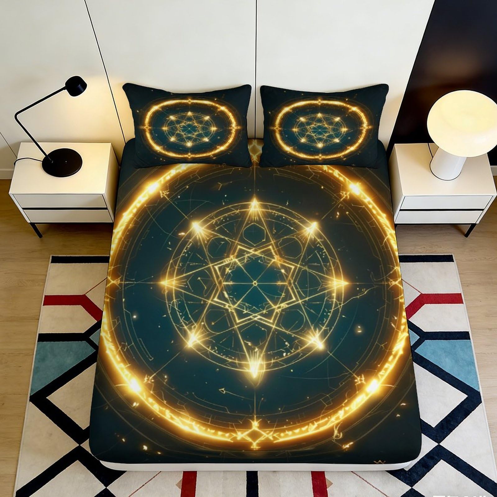 Jqzkxnhpbr Style-3 3D Printed Golden Mandala Fitted Sheet Microfiber Soft Breathable Geometric Circle Mattress Cover Bedroom Decor 90X200x25cm