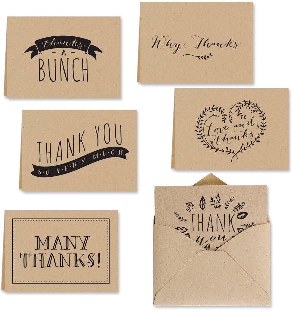 Kraft Thank You Note Card Assortment Pack - Set of 36 Cards - 6 Designs Blank Inside - with Kraft envelopes (53513)