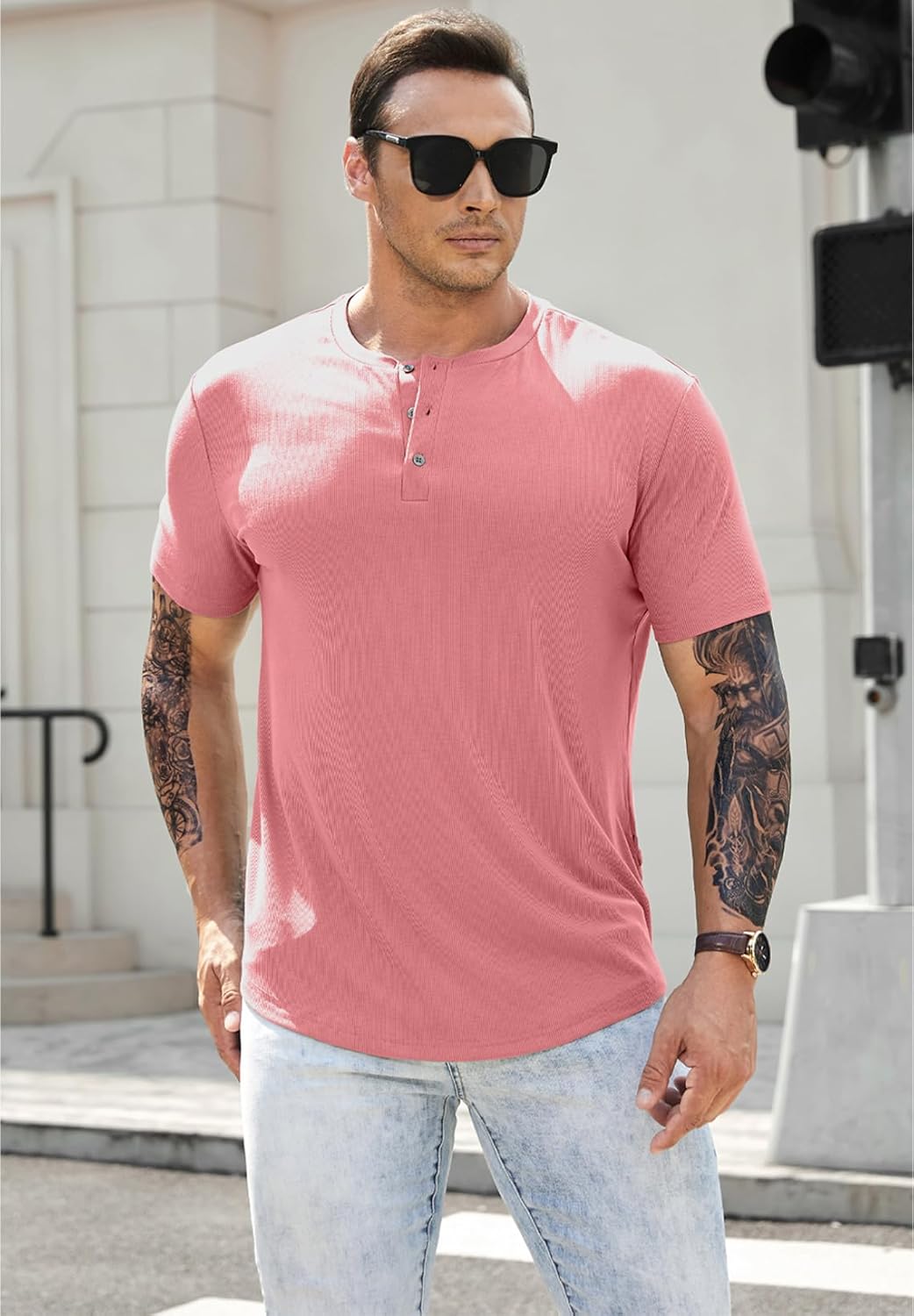 JMIERR Men's Muscle Slim Henley Shirts Crewneck Longline T-Shirt Gym Workout Athletic Shirt Tees with Button - Image 7