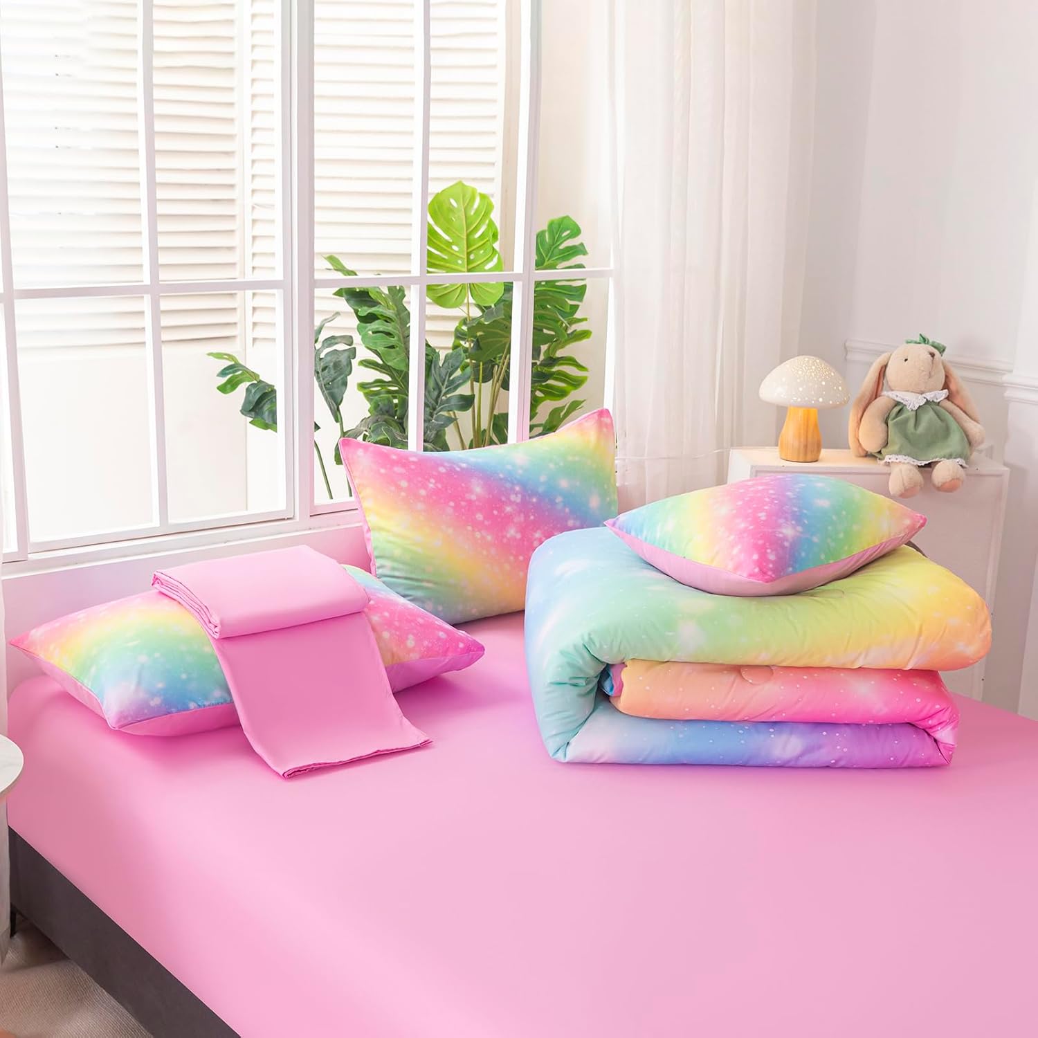 6Pcs Full Size Comforter Set for Girls Kids, Gradient Colorful Rainbow Girls Bedding Set Full with Sheets, Soft & Breathable Kids Bed for Gift Bedroom Decor - Image 6