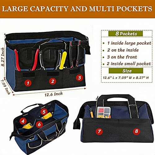 Miniatura 3 de BLIRITEL Bolsa de herramientas de 13 pulgadas para hombres con parte inferior dura impermeable, bolsa de herramientas de boca ancha resistente,