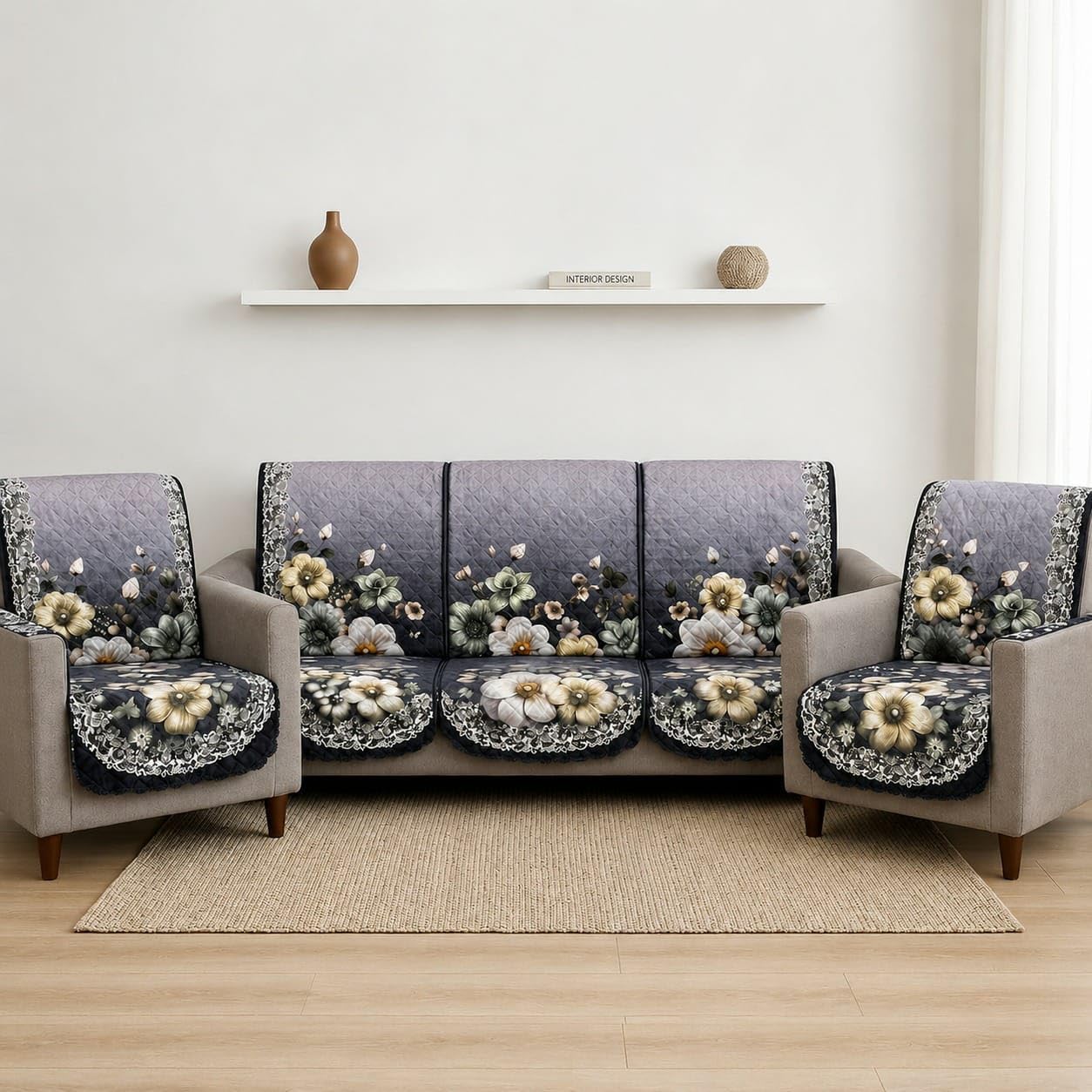 5 Seater Quilted Sofa Cover Set (3+1+1) | Floral Printed Anti-Slip Sofa Seat Cover | Washable Furniture Protector for Living Room | Soft Cotton Feel Fabric | Grey & Black-image-14