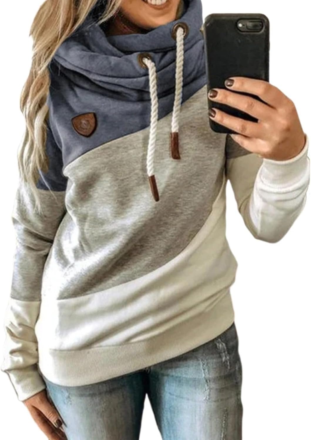 DGHM-JLMY Ladies Fashion Contrast Panel Hooded Sweatshirt Warm Double Hoodies Casual Pullover Loose Hooded Sweatshirt