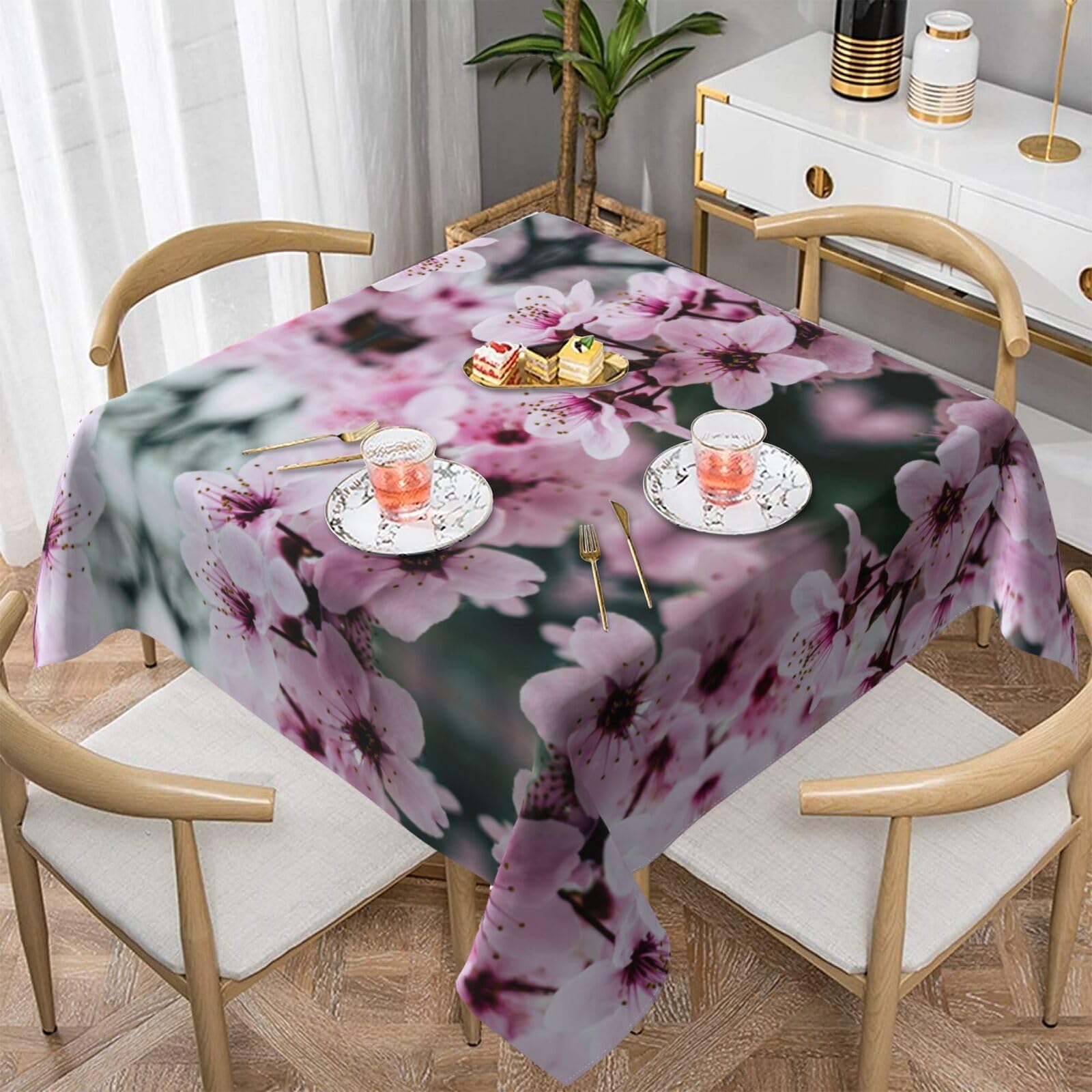 Nappe carrée imperméable et anti-tache en polyester à fleurs roses