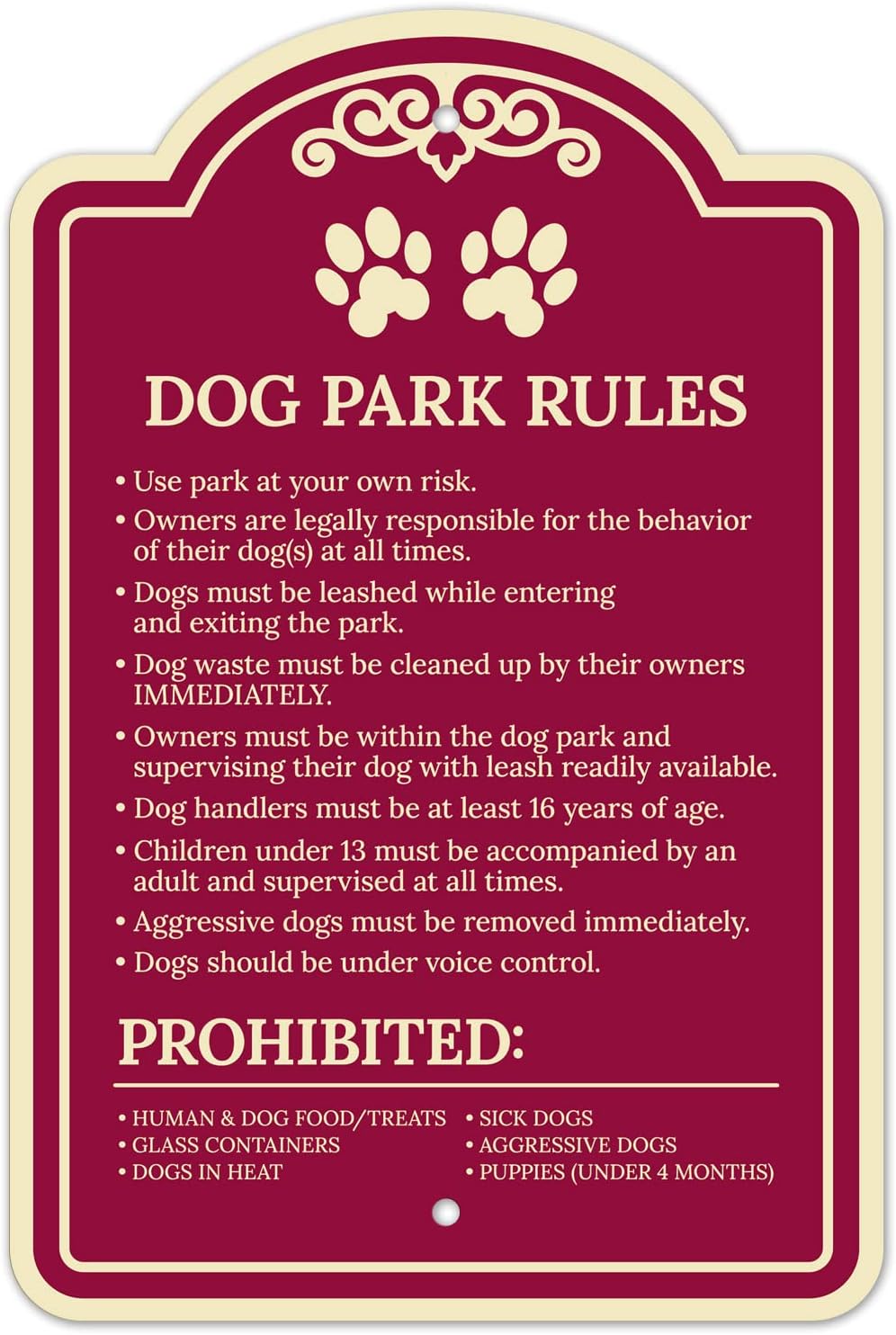 Use Park at Own Risk Dogs Must Be Leashed Waste Must Be Cleared Décor Sign, Green Dark, 18x24 Inches, ACM, Fade Resistant, Made in USA