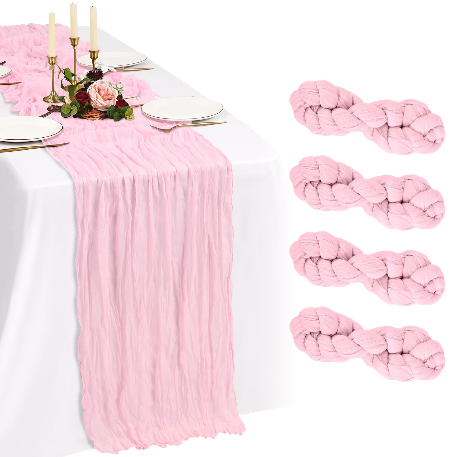 Showgeous Light Pink Cheesecloth Table Runner 90x300cm, Boho Gauze,4 Pack