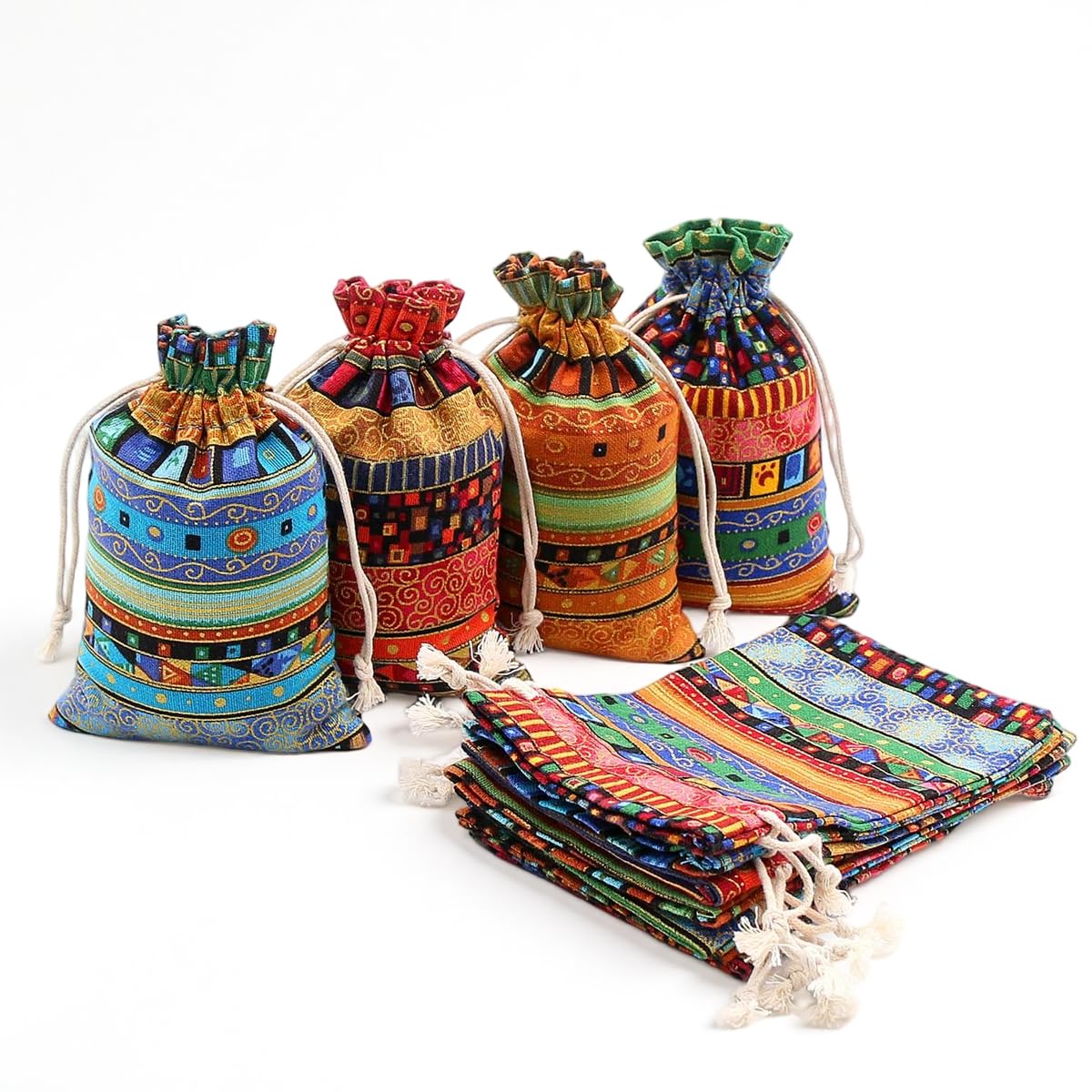 HASTHIP® 20Pcs Drawstring Gift Bags for Jewelry Rustic Floral Cotton Linen Pouches, Potli Bags for Gifting, Reusable Purse Return Gift Bags with Bohemian Geometric Prints for Crafts Parties Weddings