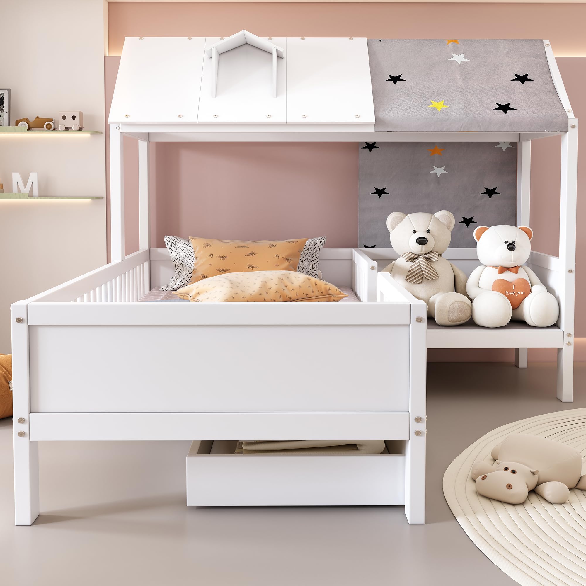 Kinderbett 90x200 cm, Hausbett mit Zeltstoff und Schubladen, Funktionsbett mit Fallschutz, Jugendbett Jungen und Mädchen, Ohne Matratze