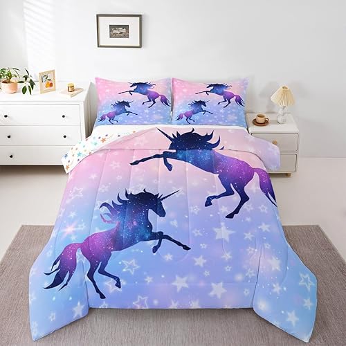 Miniatura 5 de Manfei Juego de edredón con siluetas de unicornio, tamaño King, juego de ropa de cama romántica de cielo estrellado y galaxia, decoración de Navidad