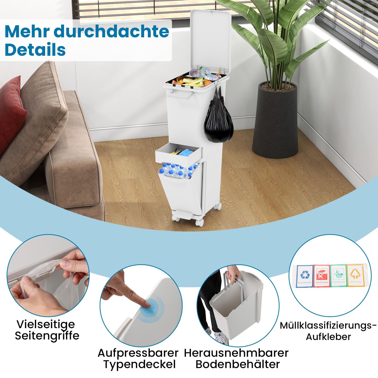 FANTASK 3 in 1 Mülleimer 32L auf Rädern, Abfalleimer Küche mit Kippbehälter & 2 Fächer, Schublade & Aufkleber,Tretabfalleimer mit Deckel & Abfalltrennsystem für Küche, Wohnzimmer