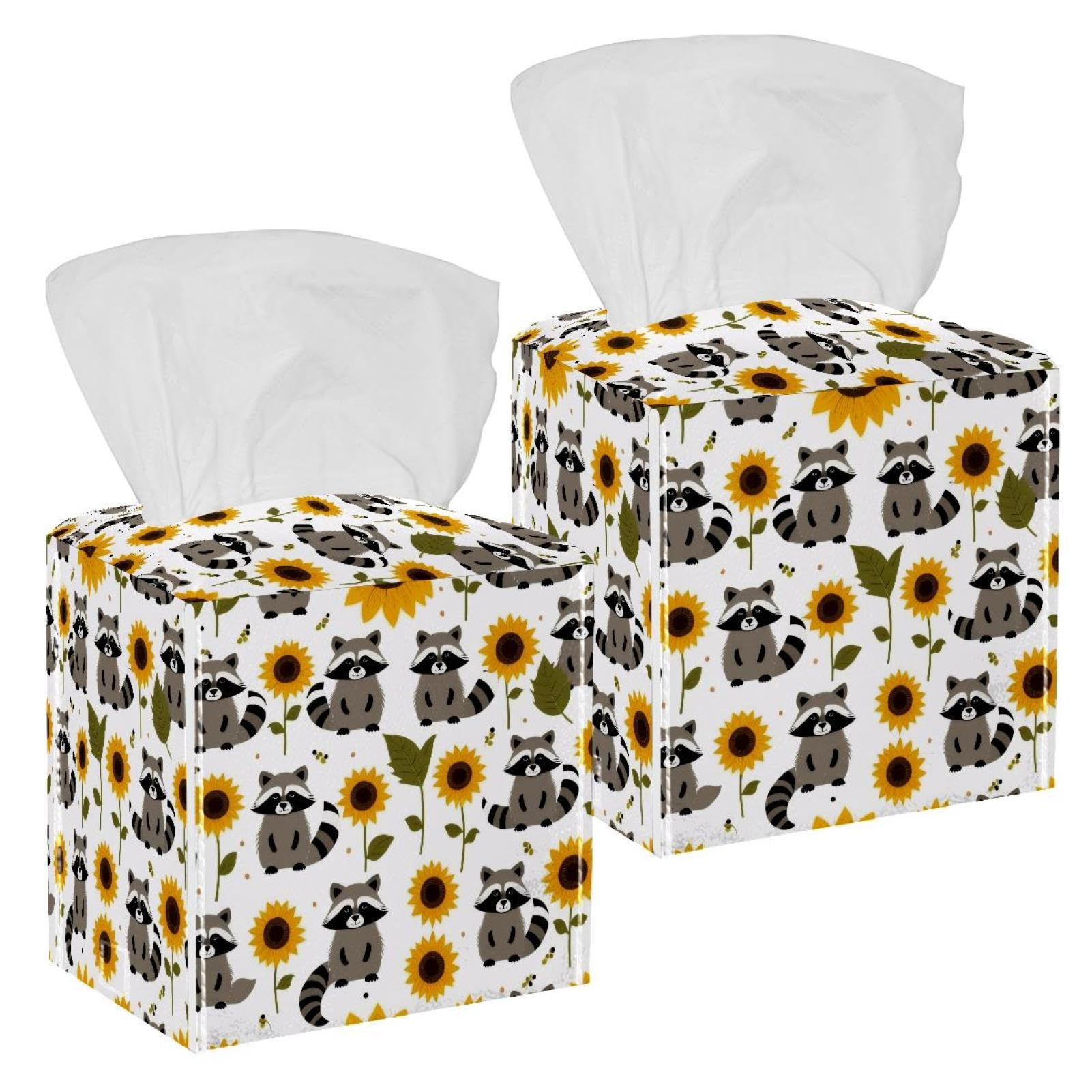Sunflowers Raccoon Tissue Box Cover, 2 Pack PU Leather Square Facial Tissue Dispenser Box holder for Home Office Car