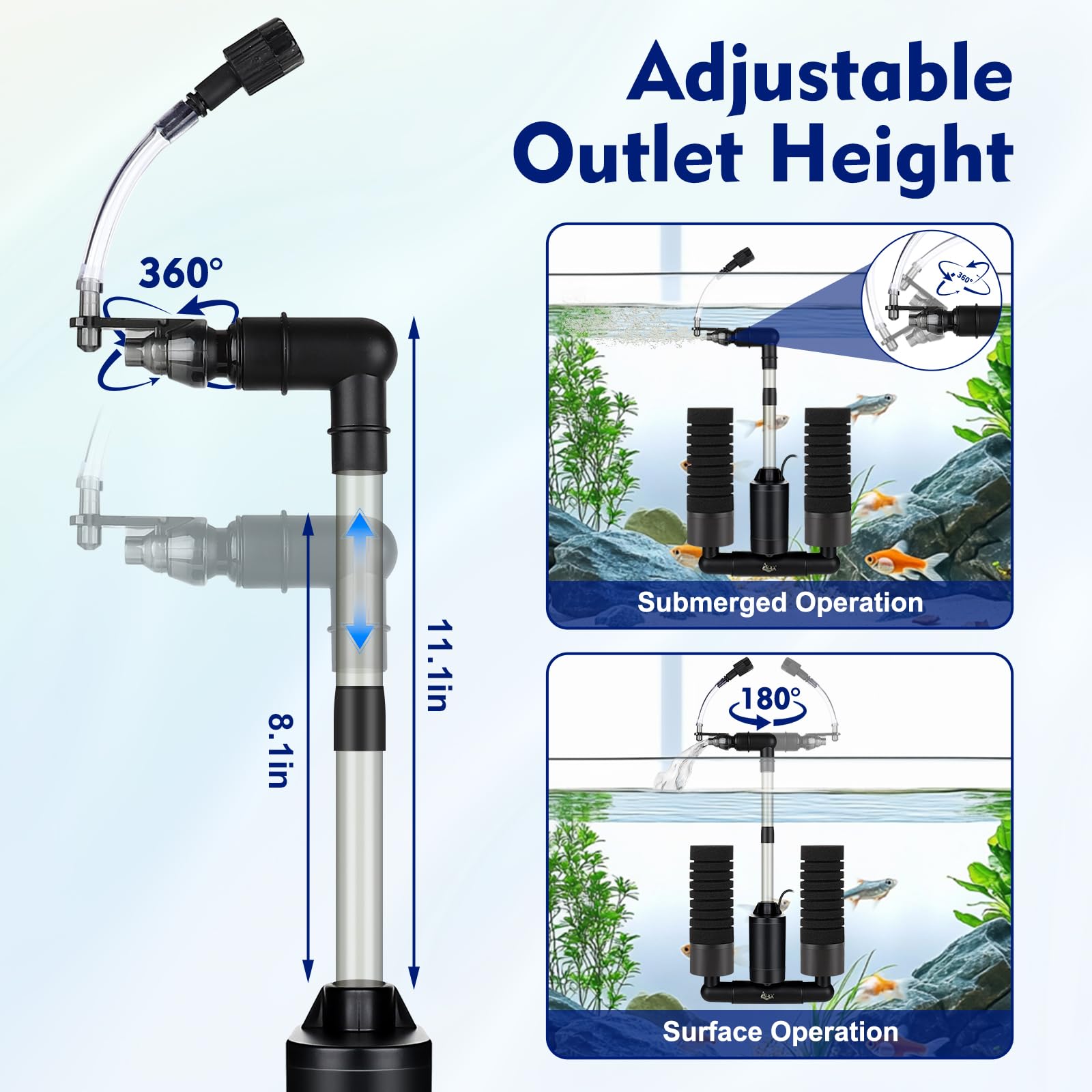 AQQA Electric Sponge Filter for Aquarium – Quiet USB Powered Breeding & Shrimp Filter with Bio Ceramic Media, Adjustable Air Intake & 360&deg; Rotatable Outflow (110V Adapter Included) (S) - image 3