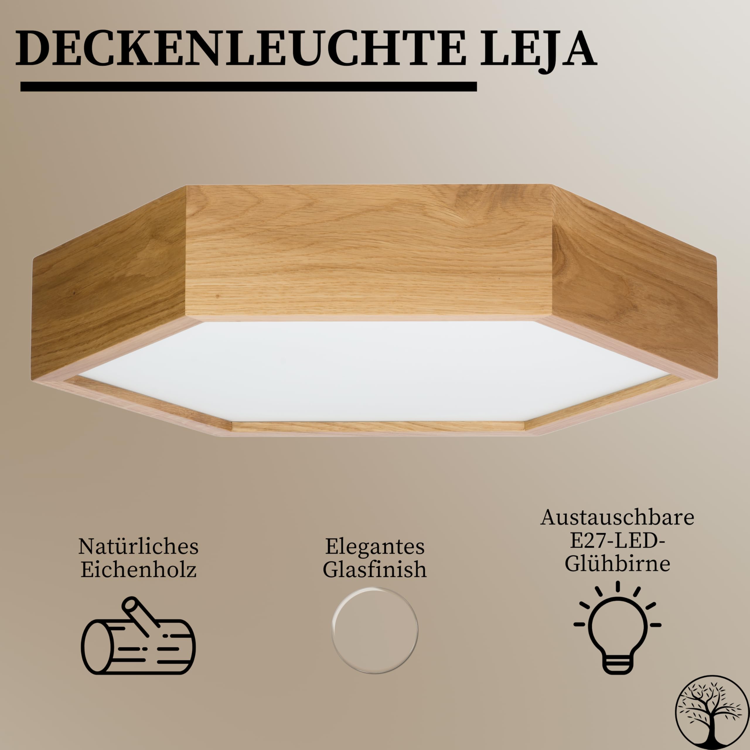 Deckenlampe - Sechseck Holz Deckenleuchte Eiche 2xE27 (∅37 cm) - Modern Beige Lampe für Schlafzimmer, Wohnzimmer, Flur, Küche - Stilvolle Eichenholz LEJA