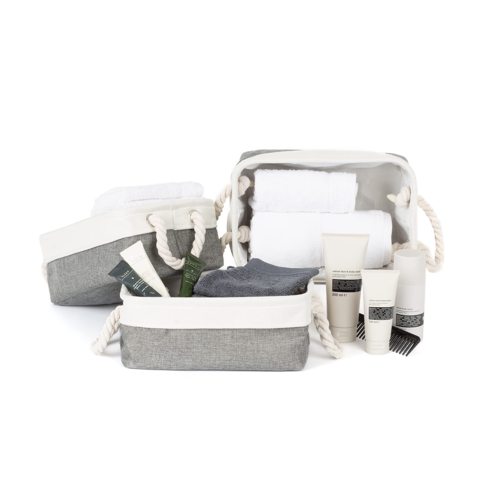 LIVIVO Decorative Canvas Storage Boxes - Foldable Fabric Storage Basket with Cotton Rope Handles - Storage Baskets Bedroom Organiser For Toys Clothes Towels Shelves Books (Grey, Set of 3)