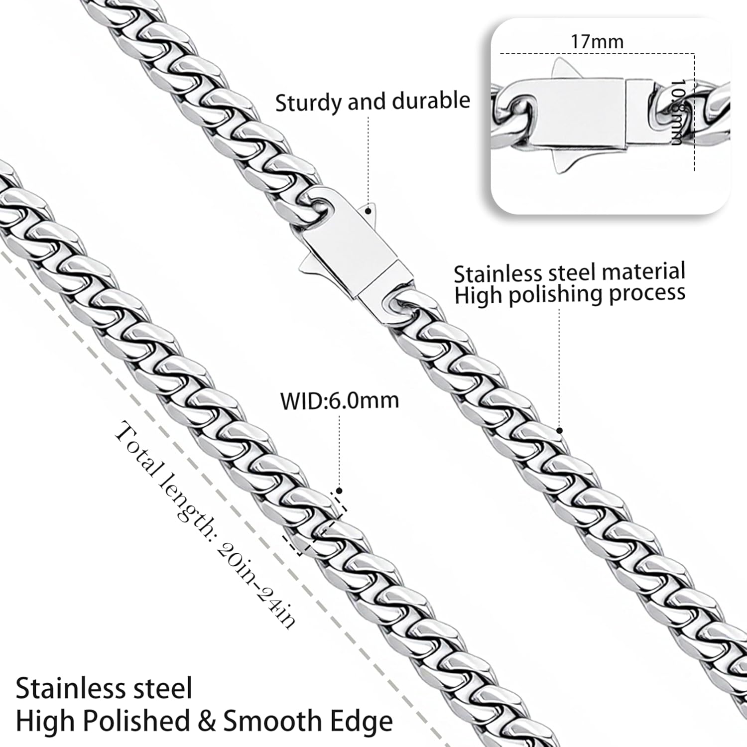 Stainless Steel Mens Cuban Link Chain, Miami Cuban Chain Necklace for Men, 6mm Wide Hip Hop Mens Necklace,Gift for Father Husband Son Men Chain No Tarnish Mens Jewelry Send Gift Box Valentine's Day - Image 2