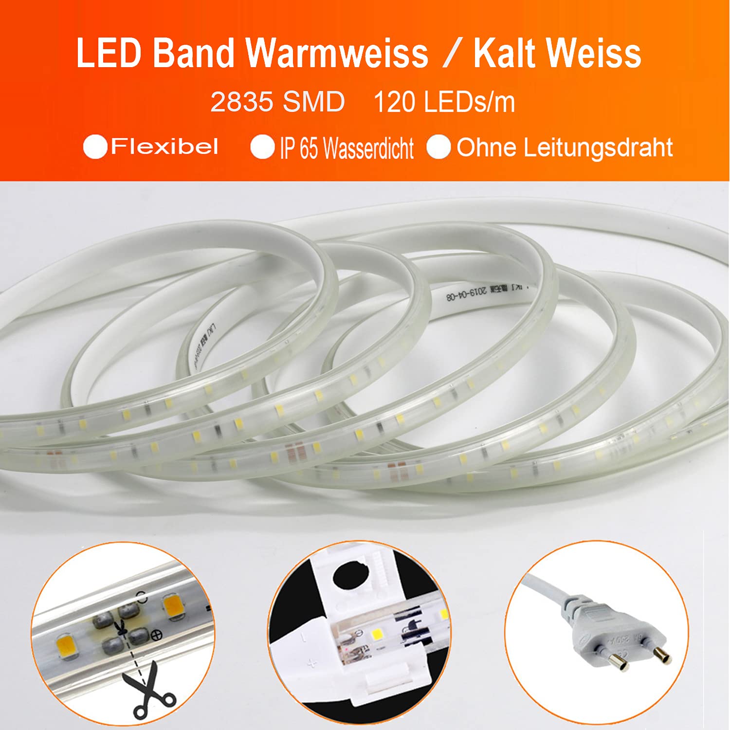 25m Kalt Weiß LED Band ohne Leitungsdraht, 2835 SMD 120 Leds/m Strip, 220V 230V sehr helle Beleuchtung, IP65 wasserdicht Lichtschlauch