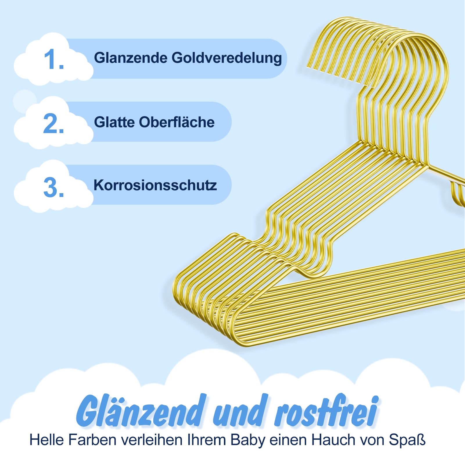 SPECILITE Kinder/Baby Metall Kleiderbügel, Gold 30 Stück(30 cm Breit), Stabile Bügel Metalldraht, für Babykleidung, Kleiderschrank, Garderobe, Platzsparend, mit Einkerbung