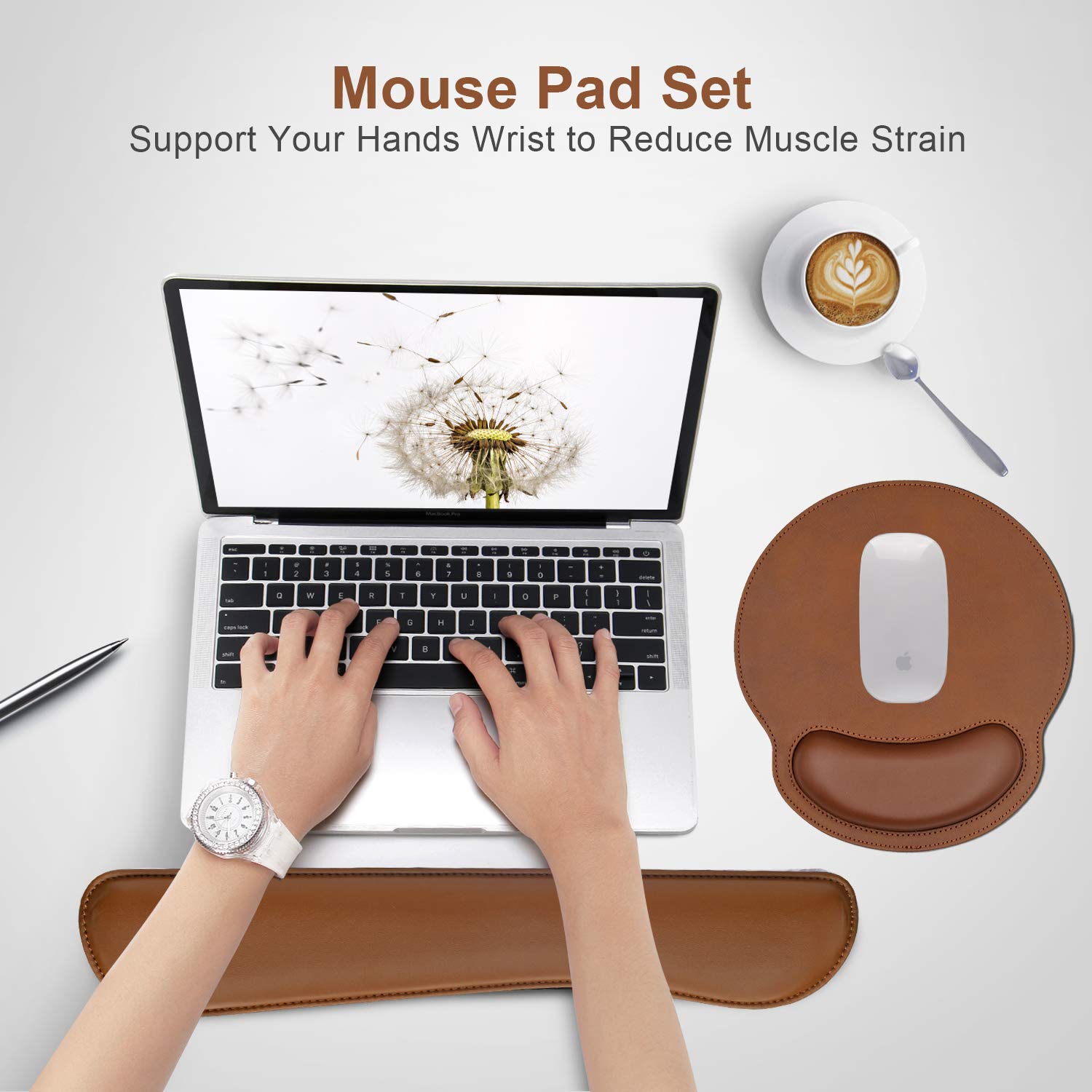 Mouse Pads with Wrist Support and Keyboard Wrist Rest Pad Set,Ergonomic PU Leather Mouse Pad for Laptop Computer,Non Slip Base Comfortable Mousepad Raised Memory Foam Easy Typing Pain Relief,Brown