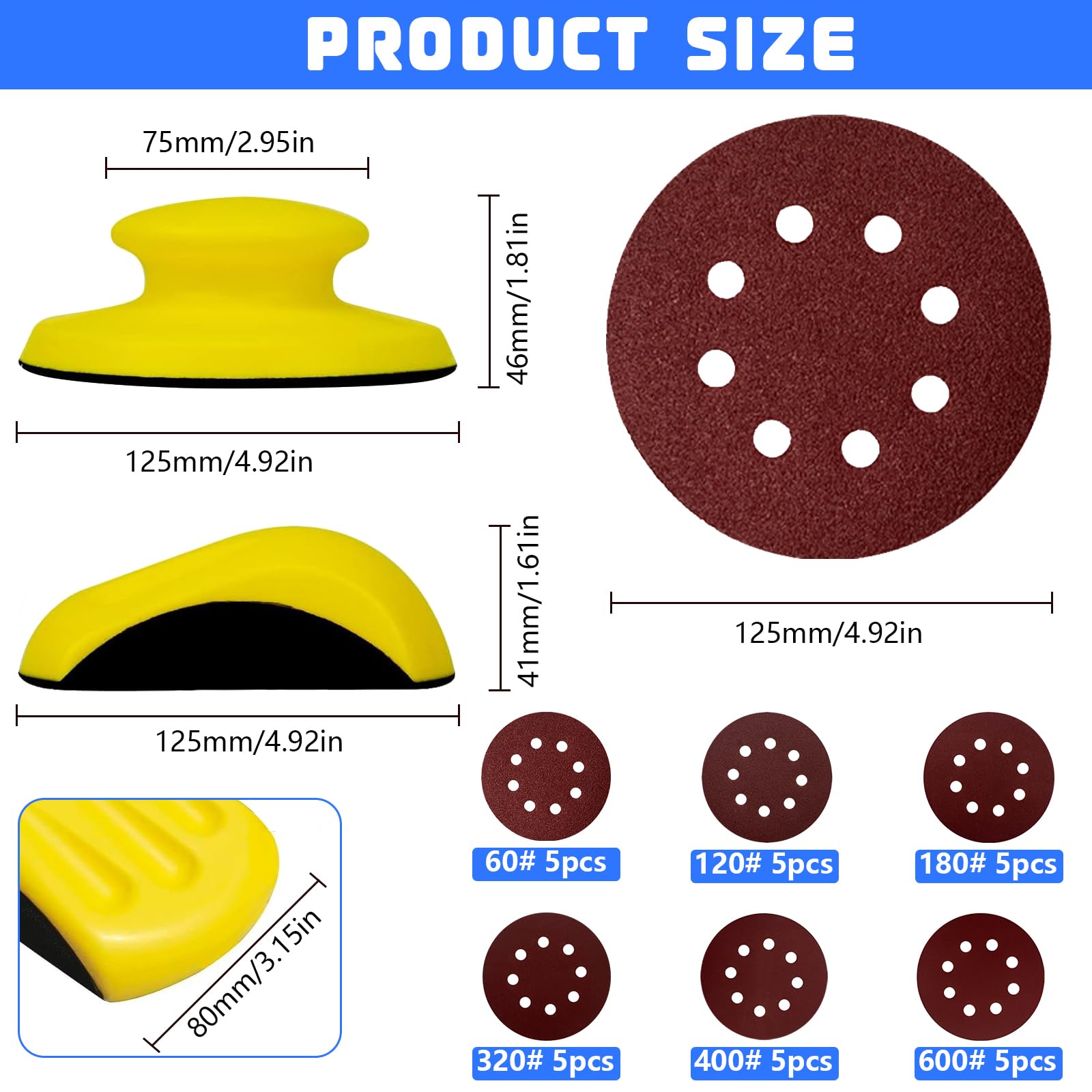 2 Stück Schleifklotz Klett, 125mm Handschleifblock Klett mit 30 Blatt Schleifpapier 125mm, Körnung 60/120/180/320/400/600, Geeignet für DIY, Restaurierung von Holzmöbeln