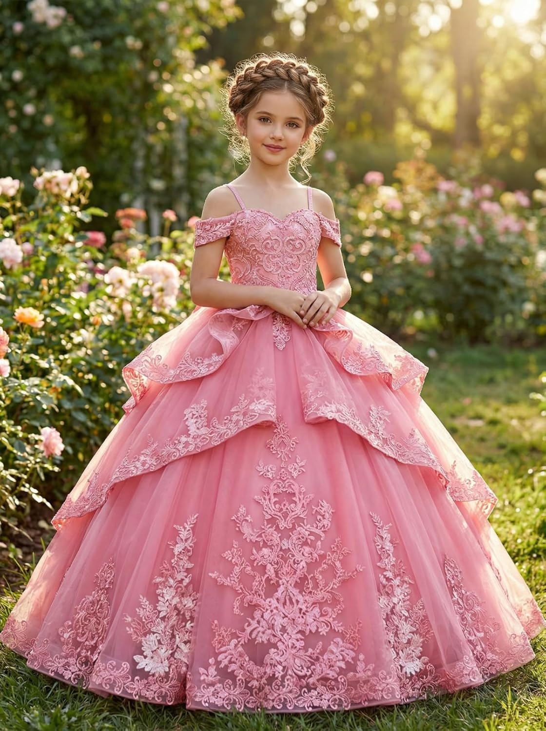 Lace Appliques Flower Girl Dresses for Wedding Layered Tulle Off Shoulder Pageant Dresses for Girls Ball Gown with Bow