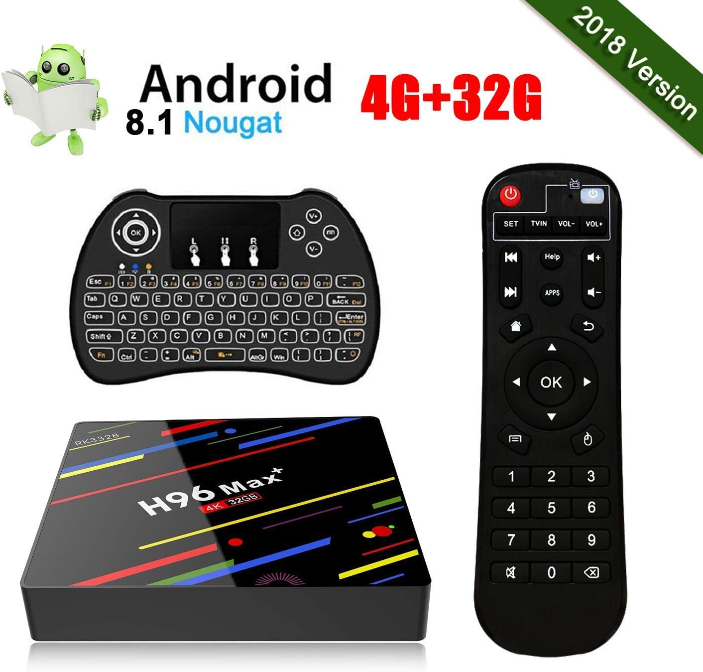 ESTGOUK H96 Max+ Android 8.1 TV Box,4GB RAM 32GB ROM,RK3328 Quad-Core Processor,H.265 /WiFi 2.4GHz Smart TV Box,4K Ultra HD,with Mini Wireless Backlit Keyboard
