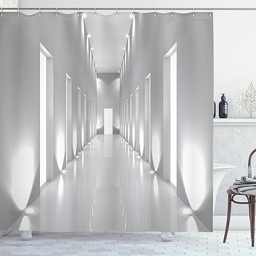 Miniatura 51 de Ambesonne Cortina de ducha hawaiana, diseño de hibisco hawaiano tropical, silueta de niña, tabla de surf, impresión de arte retro, juego de Fucsia