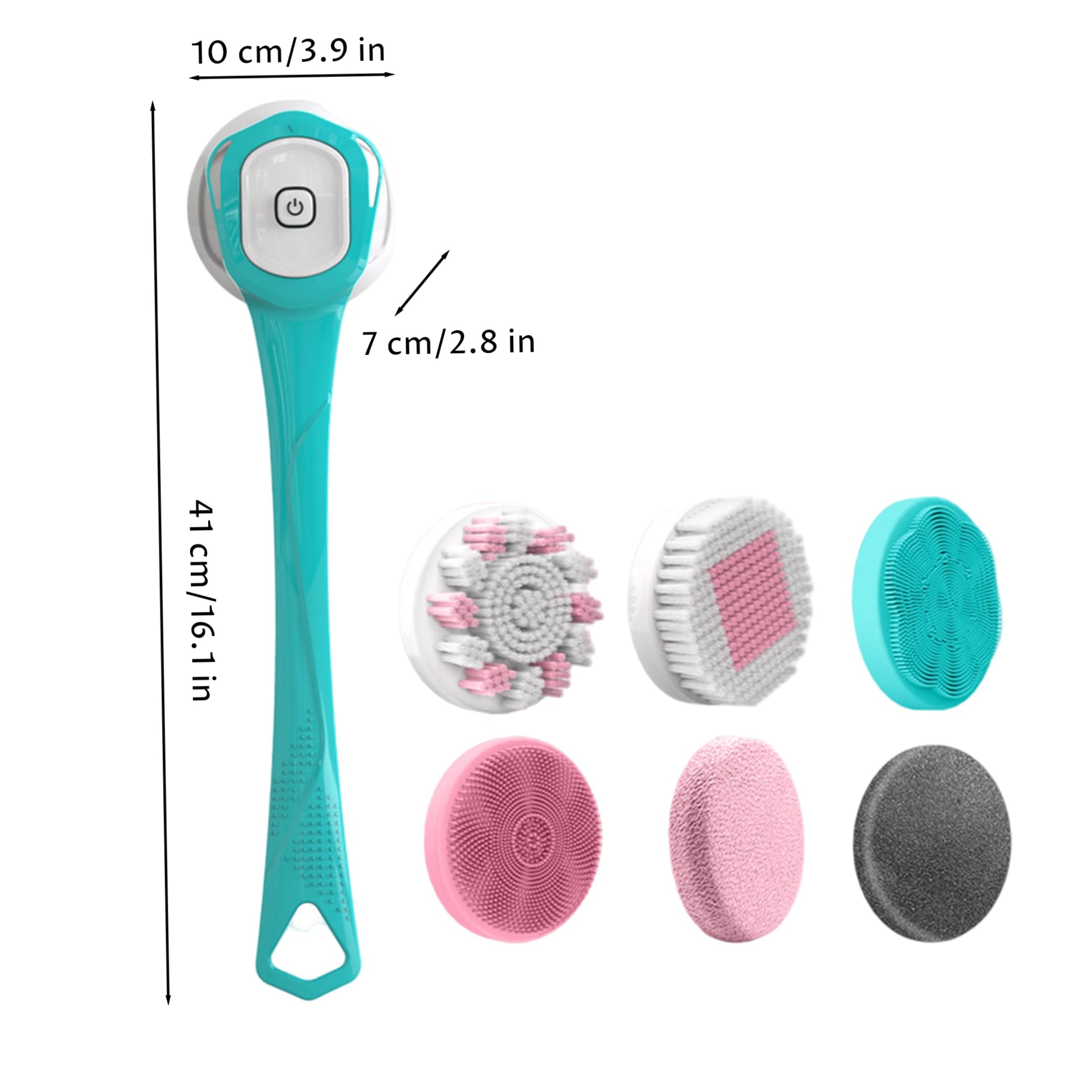 Körperpeeling-Bürste, elektrische Rückenbürste mit langem Griff, Peeling-Massage-Bad, Dusche, Massage-Schrubber mit 6 Reinigungsköpfen für Spa, Dusche, Blau
