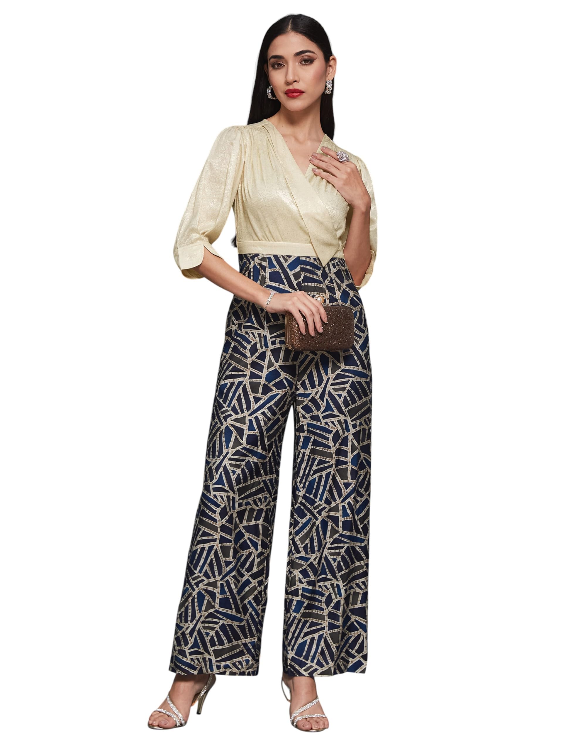 miss chase Womens Multicolored Base Cream Asymmetric Shawl Collar 3/4 Sleeve Geometric Overlapped Regular Jumpsuit-picture-28