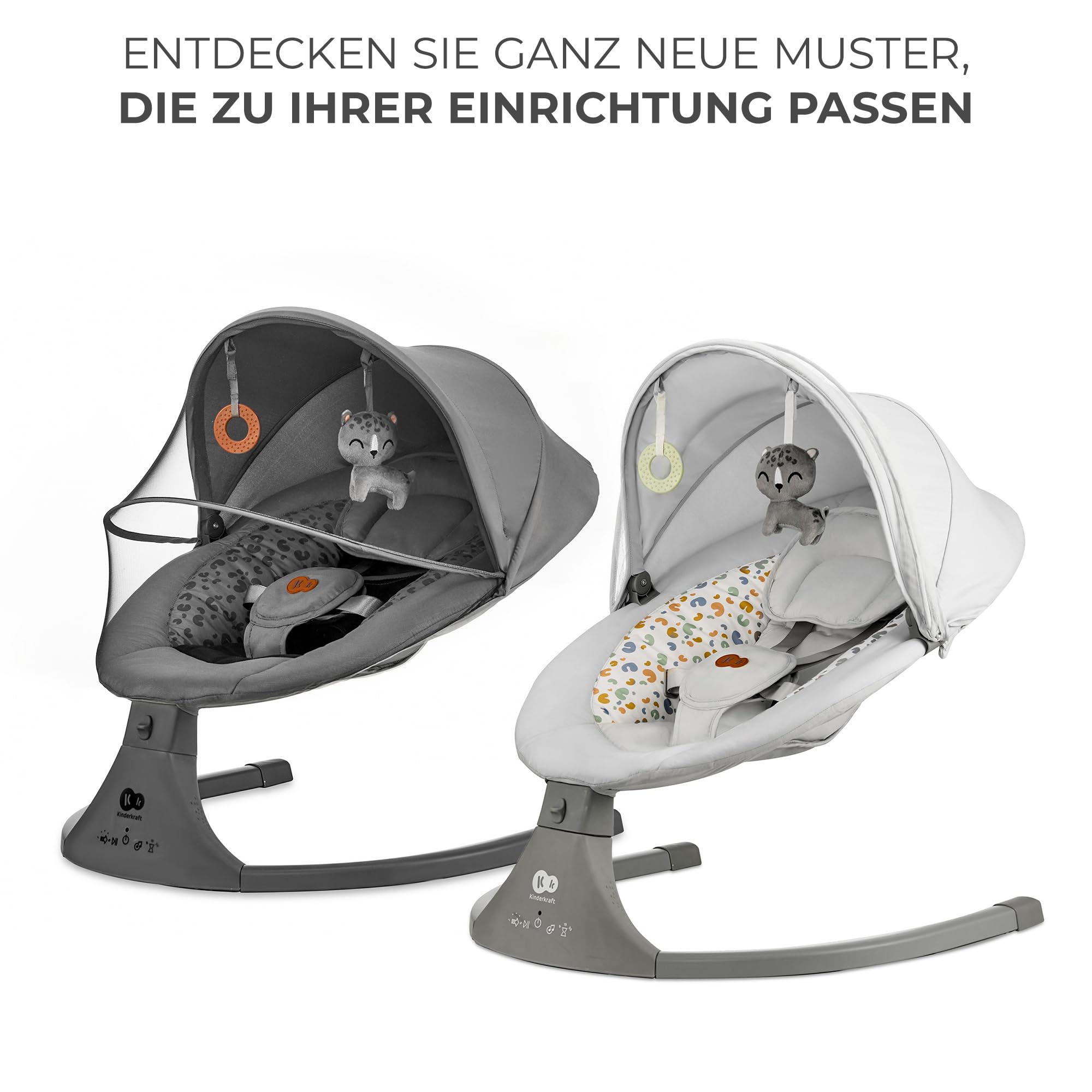 Kinderkraft LUMI 2 Babywippe, Elektrische Babyschaukel, Von der Geburt bis 9 Monate, Höhenverstellbar, 5 Schaukelmodi, 12 Melodien, Bogen mit Spielzeug, Dunkelgrau