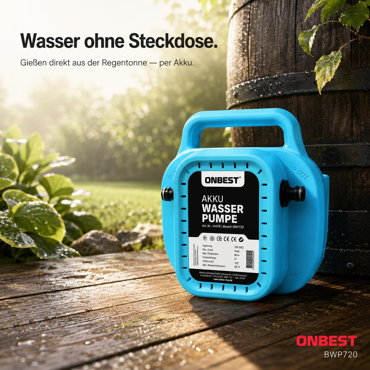 ONBEST Akku Wasserpumpe Komplettset: Schlauch, Brause, Filter & Ladegerät | 10 m Schlauch, 8000 mAh Akku, selbstansaugend, 8 bar – Regentonne