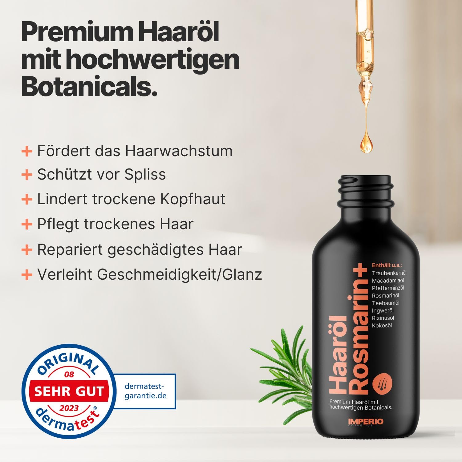 IMPERIO Haaröl Rosmarin+ gegen Haarausfall - 60ml - Premium Rosmarinöl Haare & weitere hochwertige Öle zur Anregung des Haarwachstums für Kopfhaut & Bart - 100% natürliche Haarpflege - ohne Zusätze