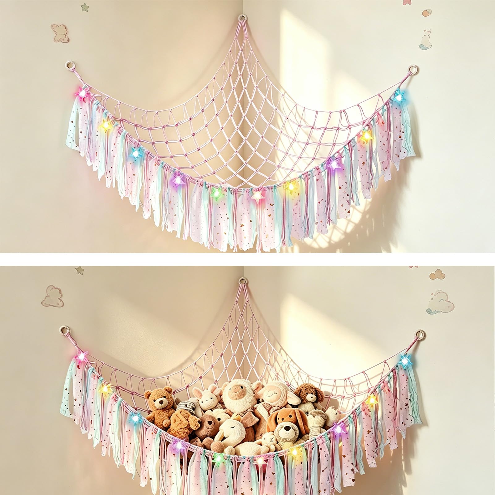 Toy Hammock for Stuffed Animals, Teddy Hammock Toy Storage Net with LED Light, Hand Woven Plush Macrame Organizer with Tassel Soft for Kids Bedroom, Pink