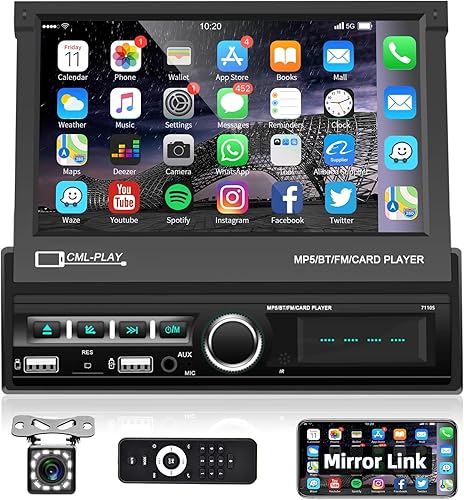 Podofo Estéreo de coche con pantalla táctil monodinar, pantalla abatible motorizada de 7 pulgadas, radio de coche en unidad principal