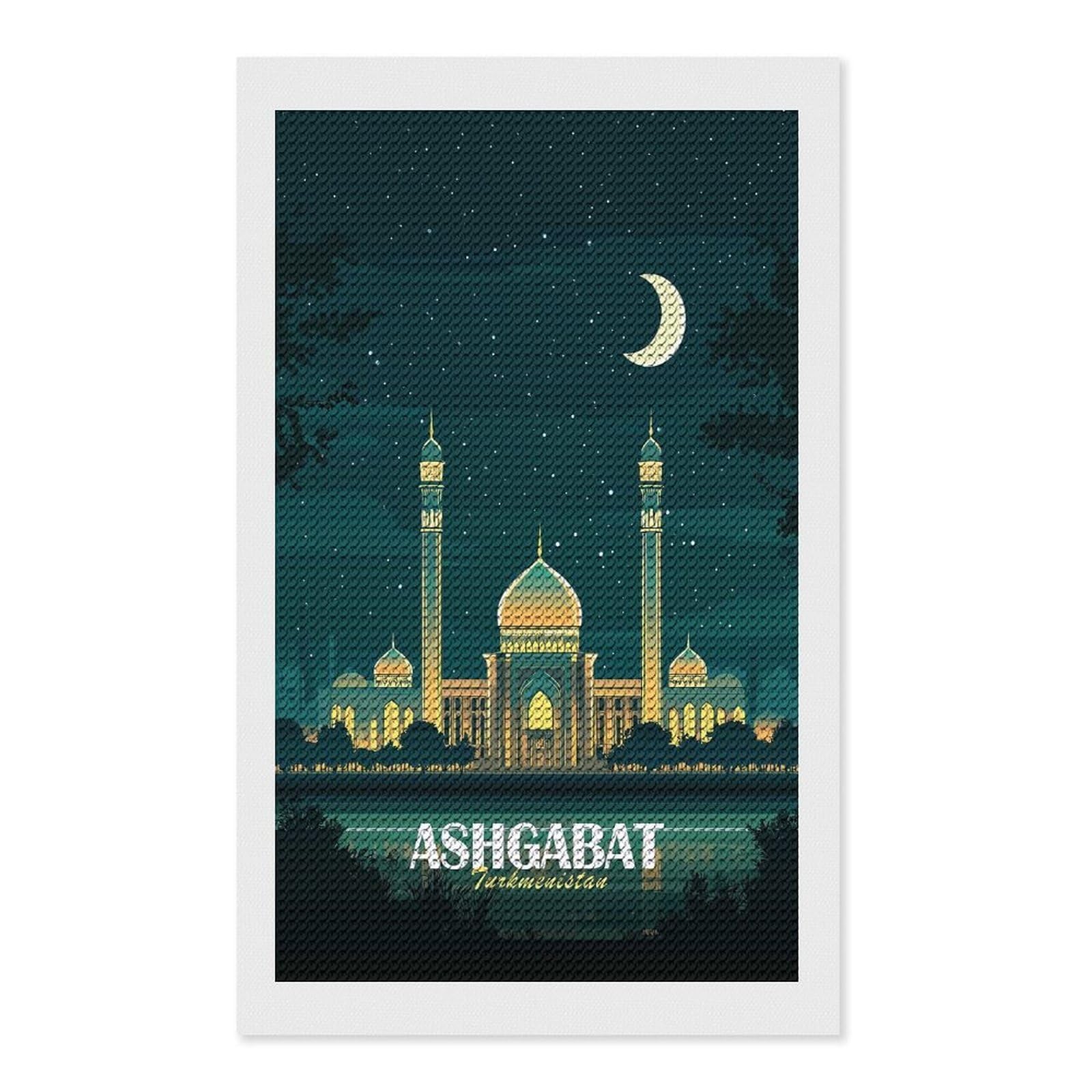 Junmoney Ashgabat, Turkmenistan Nightscape Illustration Diamond Painting Kit 12"x20", Easy Handmade Project, Cosy Home Accent, for Craft Lovers, Holiday Gift Idea