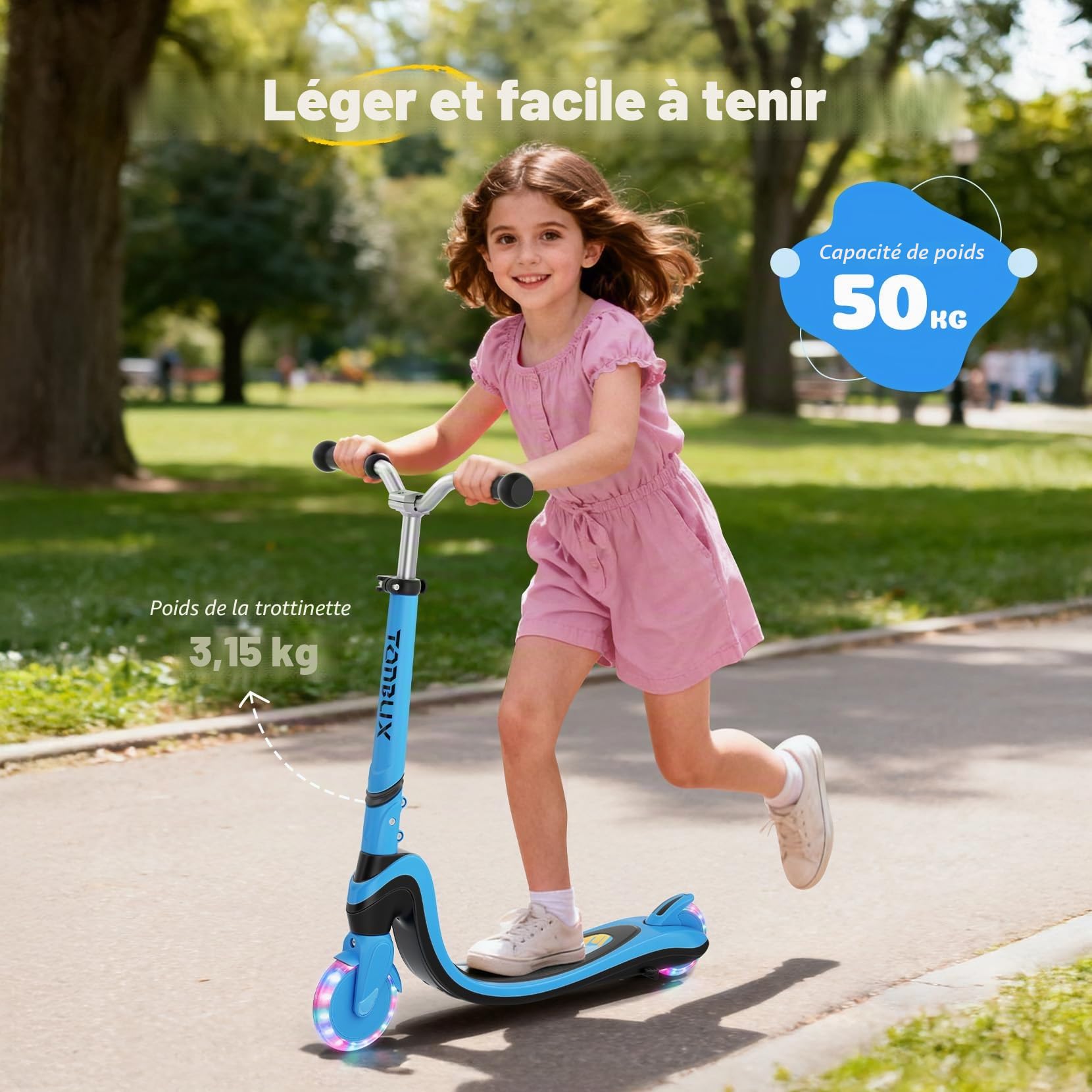 TONBUX Trottinette pour Enfants de 3 à 12 Ans, avec Planche Lumineuse Cool et Roues en Polyuréthane, Hauteur Réglable en 3 Niveaux, avec Support, Légère, Trottinete Enfants de 3 Ans