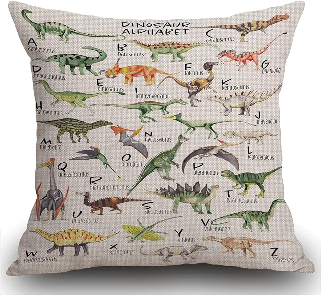 Smooffly Watercolor Dinosaur Alphabet Cushion Cover Outdoor Furniture Decorative Linen Square Double Sided Printing Pillow Cover for Home Office Sofa Couch Car Garden 45 x 45cm 18 x 18 inches