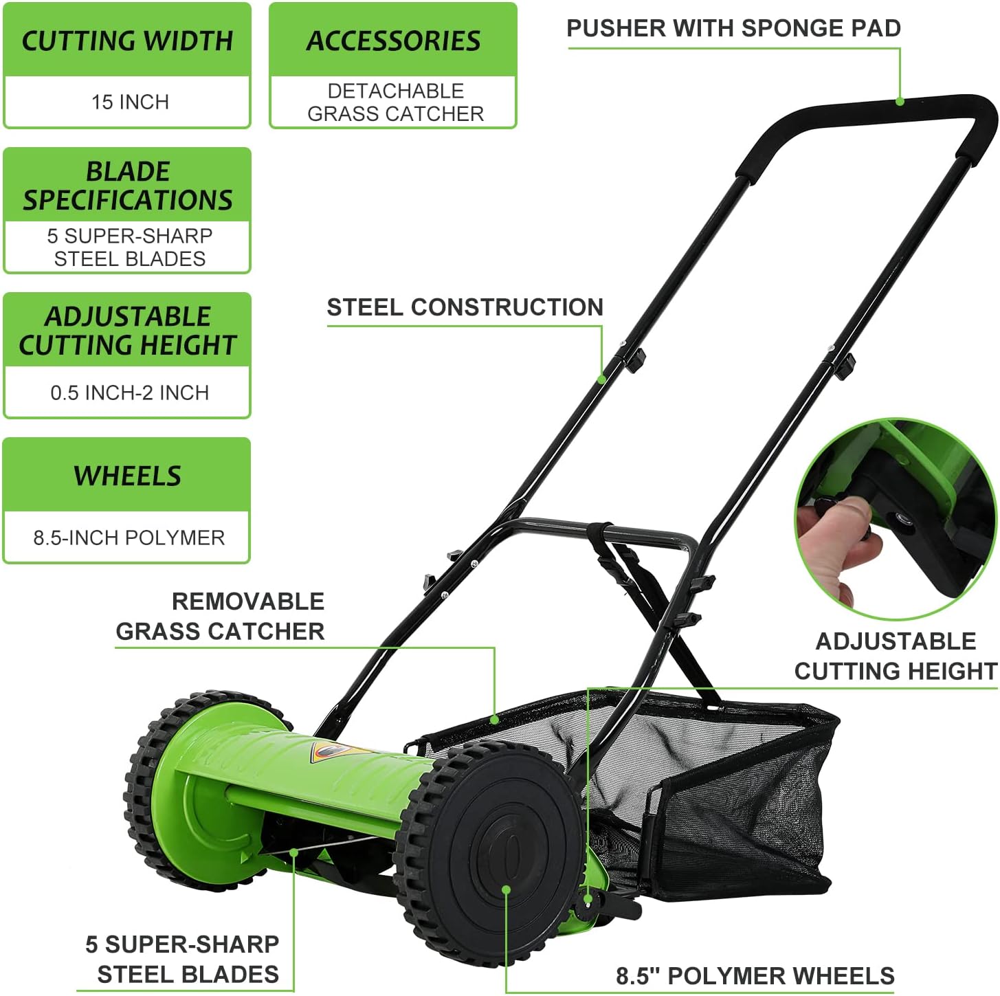 review 15-Inch 5-Blade Manual Lawn Mower, Push Reel Lawn Mower with Detachable Grass Catcher, Adjustable Cutting Height Push Mower Manual Walk-Behind Lawn Mowers Rotary Mower, 2 Wheels, Easy to Use