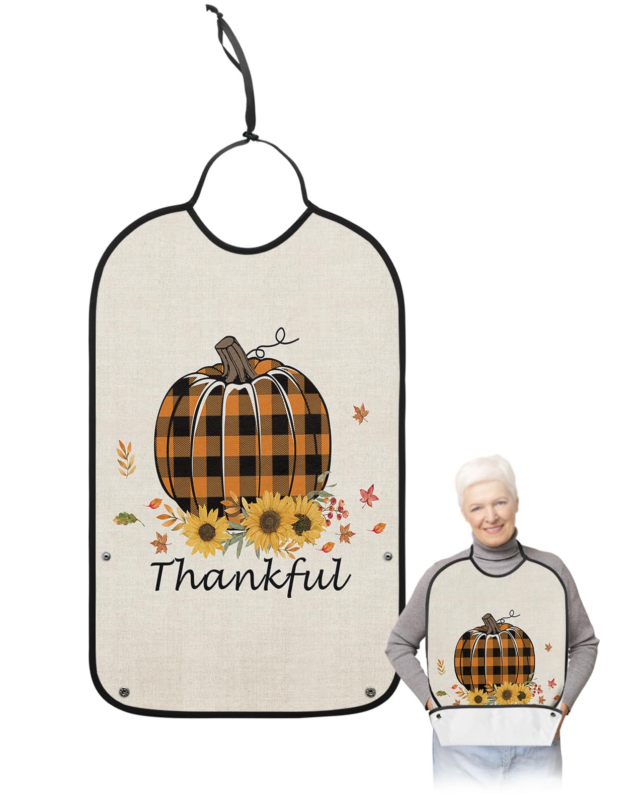 Thanksgiving Pumpkin Adult Bibs for Eating, Waterproof Bibs with Food Catcher & Adjustable Snap Closure, Black Orange Plaid Farmhouse Sunflower Clothing Protectors Adult Bibs for Elderly Women/Men