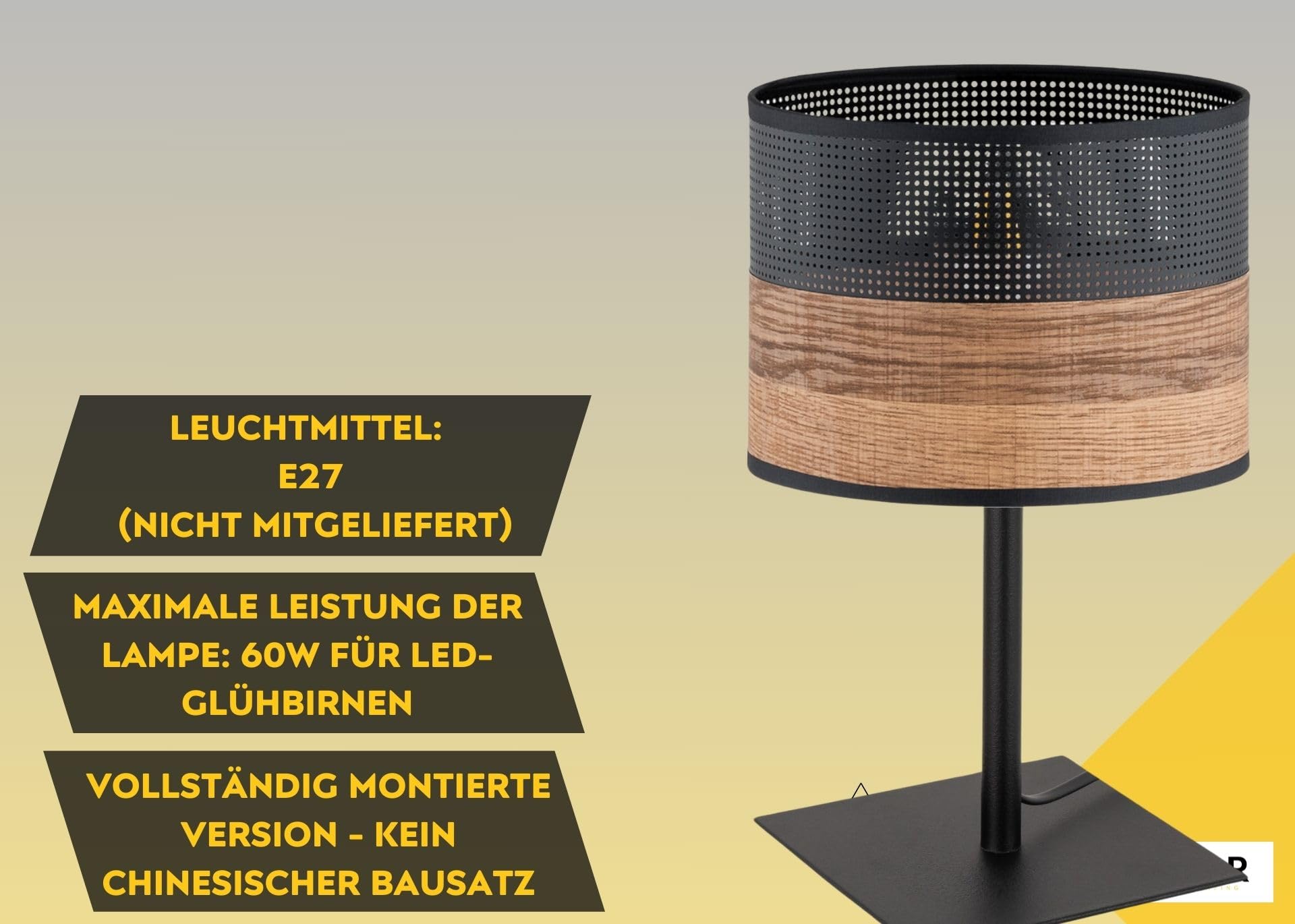 Schreibtischlampe 1-flammig aus schwarzem Metall mit Holzoptik-Details (PVC) | E27 Fassung | LED geeignet | Tischleuchte für Büro, Arbeitszimmer oder Schlafzimmer