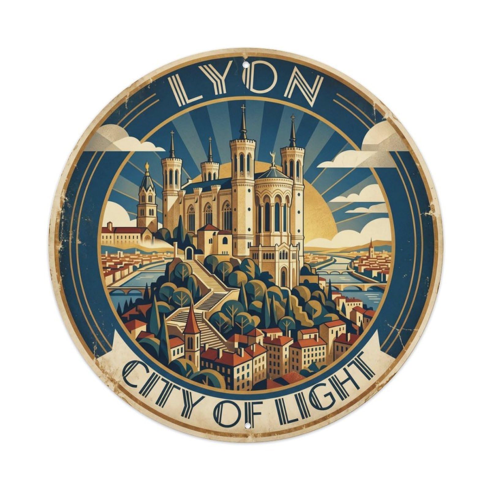 Vintage Travel Lyon France Basilica Metal Tin Sign Plaque Wall Decor for Cafe, Club Bar, Office, Home Garden Round Metal Poster 8x8Inch