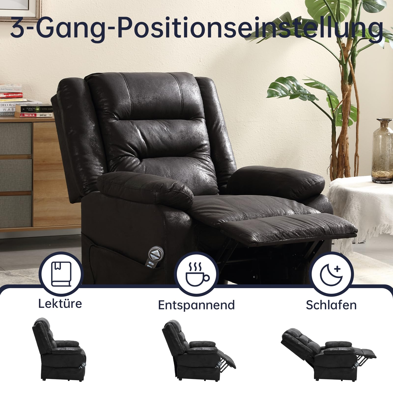 Elektrischer Fernsehsessel mit Aufstehhilfe, Relaxsessel Massagesessel mit Wärmefunktion, Liegefunktion, bis 220kg, Schwarz Flockleder